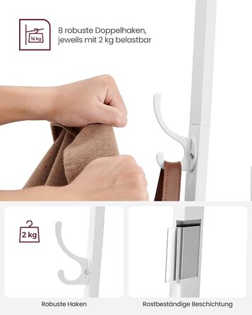 Стійка для одягу VASAGLE з 8 гачками, 4 полицями та вішалкою, металевий каркас, для шалей, курток, сумок, для прихожого, золотий дуб + білий, LCR080W09