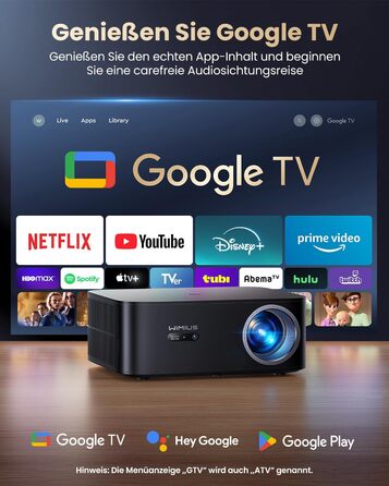 Beamer 4K для дому з Google TV, 1200 ANSI, Netflix, FHD 1080p, автофокус, корекція трапеції, 20W, WiFi6, Bluetooth, для вулиці, чорний
