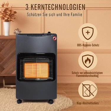 Газовий обігрівач Todeco 4200W з керамічним нагрівачем, чорний колір, 3 режими нагріву, з регулятором тиску, шлангом, для балконів та добре провітрюваних приміщень