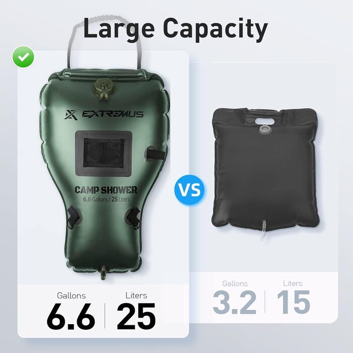 Кемпінговий душ Extremus Rainbow Falls, мішок для кемпінгу 25 л, сонячний нагрівач ПВХ бульбашка, вбудований термометр, сітчаста сумка, система насадок ABS, портативний сонячний душ для кемпінгу 25 л, зелений