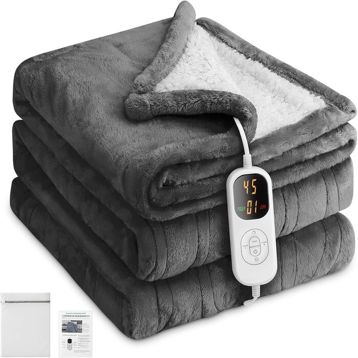 Електрична ковдра з автовимкненням 130x180 см, 8 режимів нагріву, таймер 12 годин, пральна машина, флісова ковдра для ліжка, дивана, офісу (темно-сірий)