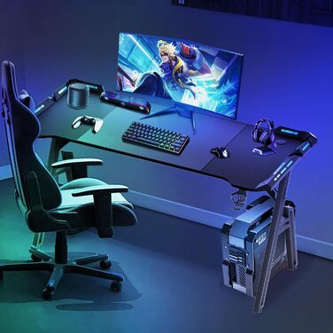 Ігровий стіл 120x60 см з підсвіткою LED, A-frame, з тримачем для напоїв та гачком для навушників, карбонове покриття, ергономічний для дому та офісу
