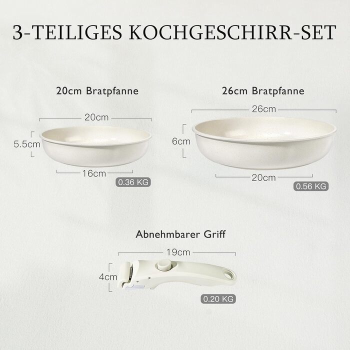 Набір сковорідок GiPP Keramik 3 шт. з знімними ручками, антипригарне покриття, для всіх типів плит, сумісний з індукцією, духовка, без PTFE/PFOA/PFOS, білий