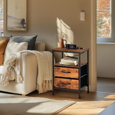 Нічні тумбочки EGGREE (2 шт) з зарядною станцією та шухлядами з тканини, колір вінтажний коричневий, для спальні, невеликих кімнат, готелю та апартаментів. USB-порти та розетки.