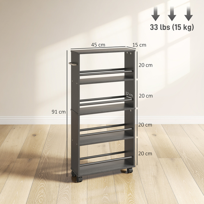 Багатофункціональна полиця на колесах, вузький дизайн, 4 відділення, 45x15x91 см, Чорний