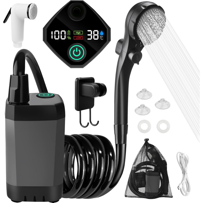 Портативна кемпінгова душ TAVADA з акумулятором 6000mAh, з насосом та термометром, з душ-насадкою та шлангом