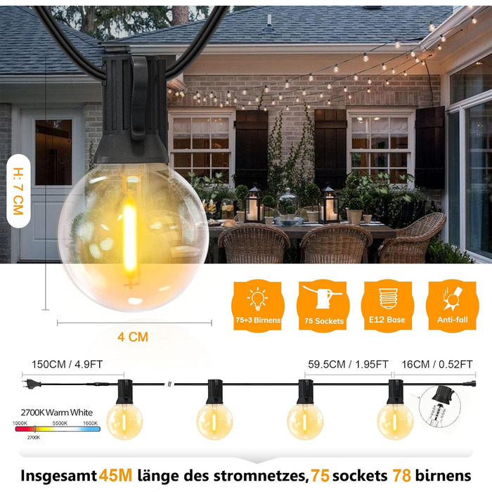 LED гірлянда Achin 45 метрів, тепле біле світло 2700K, 75 лампочок G40, для зовнішнього використання, диммування, сад, тераса, вечірка