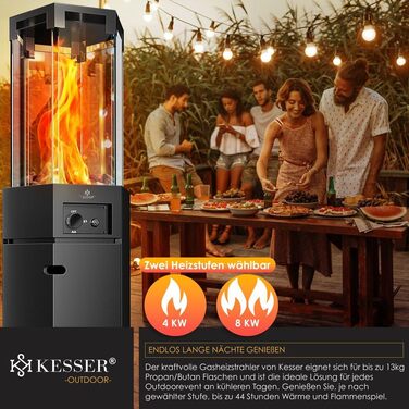 Газовий обігрівач KESSER® 4/8 кВт з п'єзозапалюванням, регулятором тиску газу та захисним кожухом. 360° поворот, захист від перекидання. Підходить для тераси, вулиці, кемпінгу. Чорний колір.