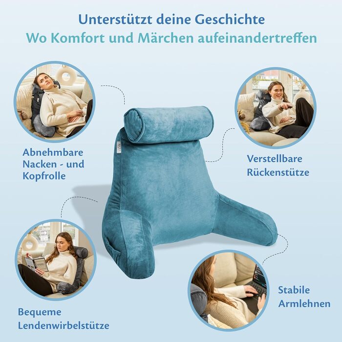 Подушка для читання Ella Lesekissen для ліжка та дивану з знімною подушкою для шиї - спинна подушка для ліжка. Зроблена з піни з пам'яті з підлокітниками, ідеально підходить для читання, перегляду телевізора, відпочинку або як спинна підтримка (Блакитний)