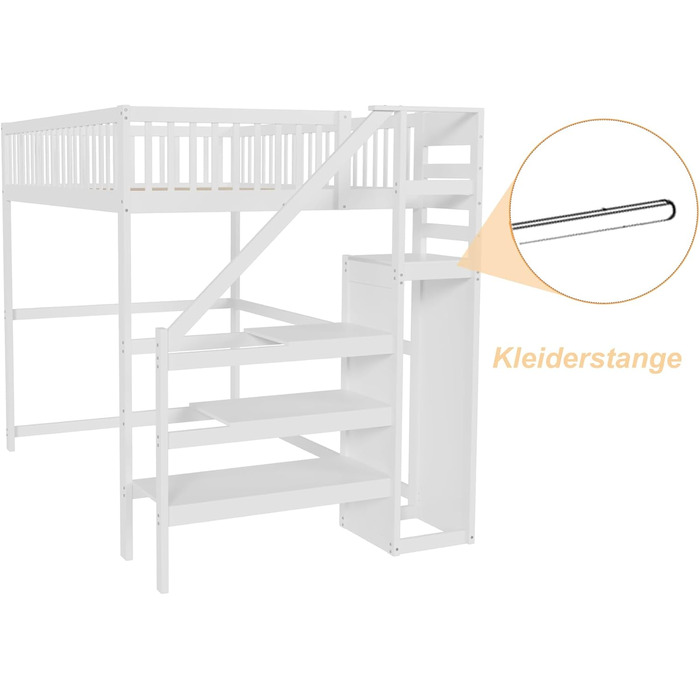 Ліжко-горище Merax для односпального матраца 140x200 см з шафою та сходами, масивне дерево, білий колір (без матраца)