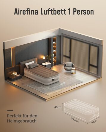 Надувне ліжко Airefina з самонадувною системою та інтегрованим насосом, 203 x 152 x 46 см (1 особа), для кемпінгу та дому