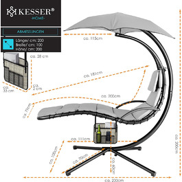 Кесер® Плаваюча лежанка з парасолькою, гамак-лежанка, сонячна лежанка H200, L194, B100 см, лежанка для відпочинку, гамак-шезлонг, до 120 кг, з подушкою для шиї, сумка в комплекті (Сірий)
