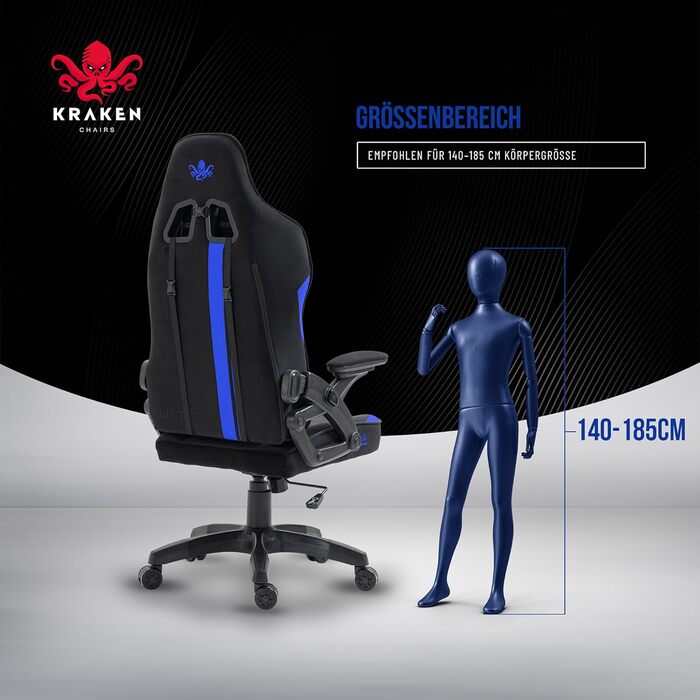 Крісло ігрове KRAKEN CHAIRS, тканинне, ергономічне, для геймерів, чорно-синій, до 130 кг