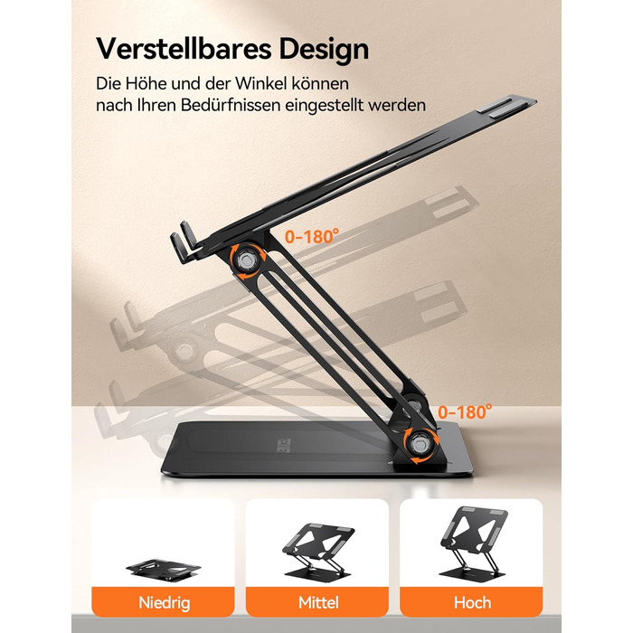 Підставка для ноутбука TECKNET, металева, регульована, 10-17.3 дюймів, чорна