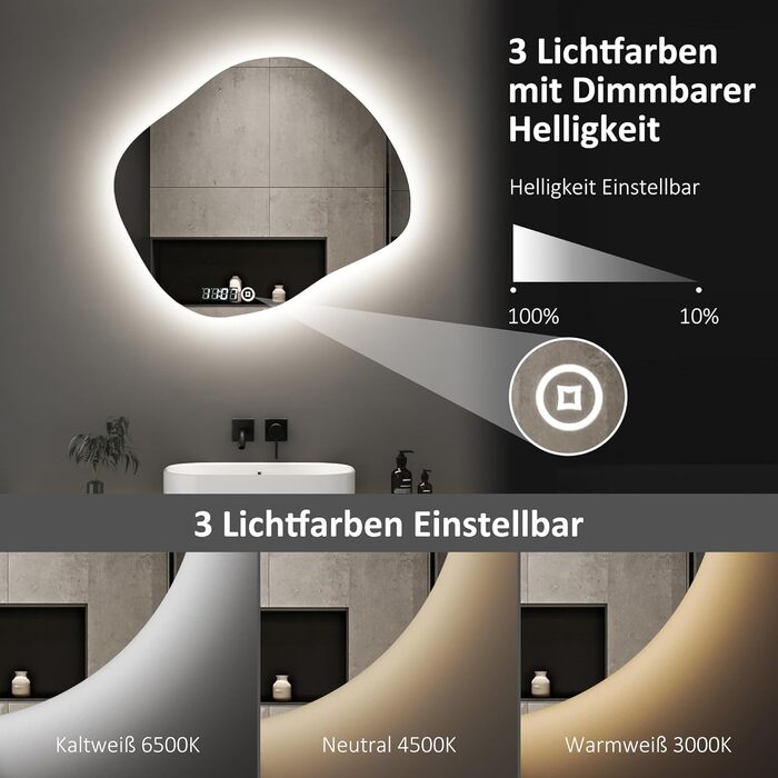 Дзеркало для ванної кімнати з підсвічуванням та годинником Boromal 50x70 см, 3 кольори світла, диммування, LED, сенсорне управління