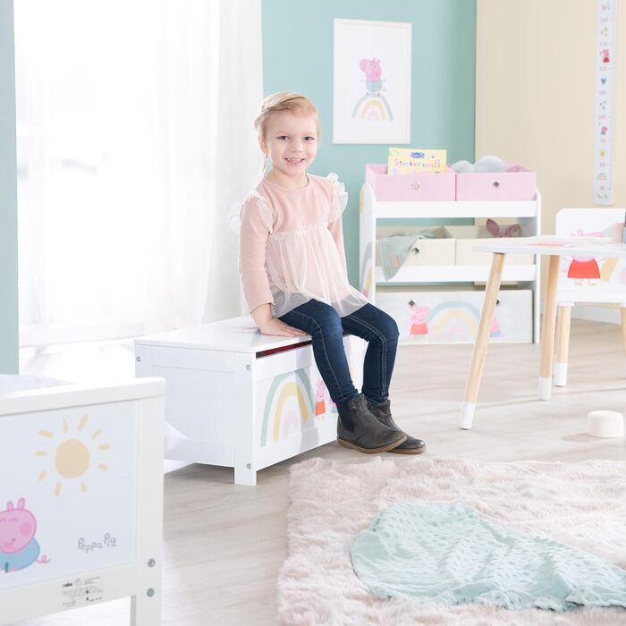 Дитяча іграшкова скриня Свинка Пеппа з дерева - Розкладне сидіння з амортизаційною фурнітурою - Нагрудна лавка біла/роздруківка рожева.