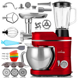 Кухонна машина Lehmann 3-в-1: міксер, м'ясорубка, соковитискач, 3000W, з планетарним міксуванням, комплект для ковбас, для мафінів та випічки, червона
