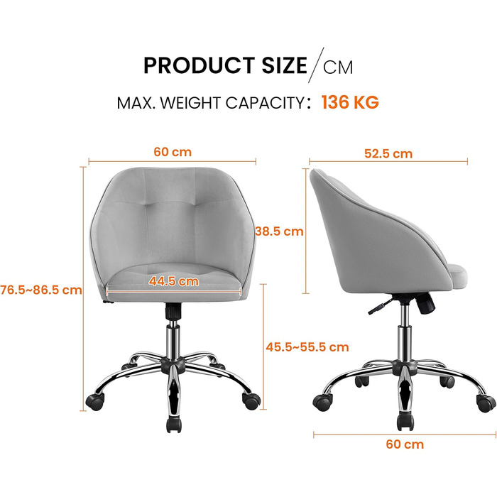 Крісло Yaheetech для дому та офісу, крісло для макіяжу, регульоване по висоті, поворотне, оксамитове, для робочого кабінету, спальні, дихаюче, на коліщатках, до 136 кг, сірий колір