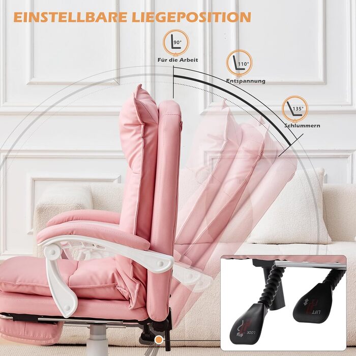 Офісне крісло TUKAILAI: ергономічне, з регулюванням висоти, підлокітники, підставка для ніг, рожеве