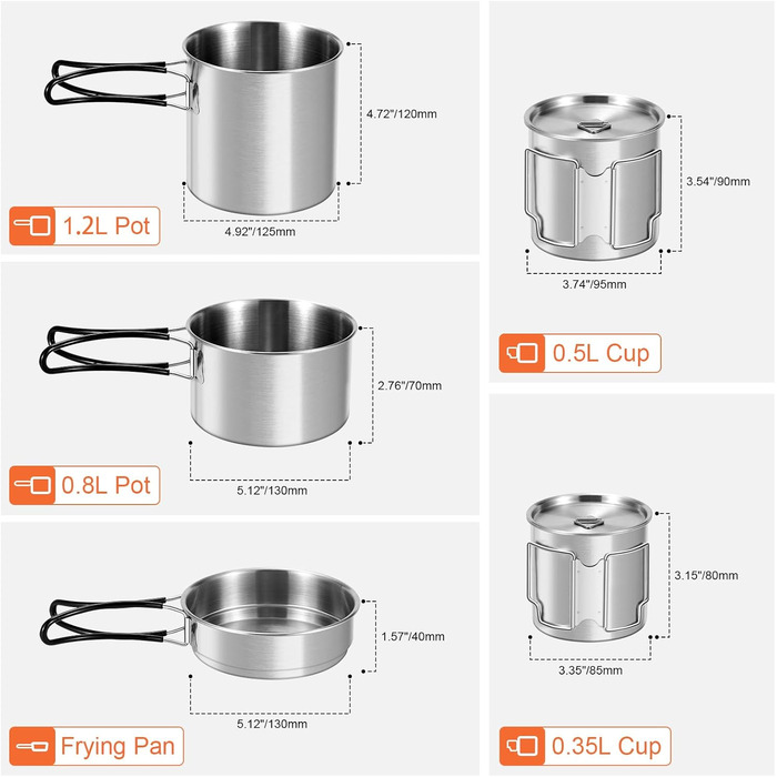 Набір посуду для кемпінгу Odoland: каструля, сковорода, тарілки, миски, столові прибори (13 предметів). Нержавіюча сталь, антипригарне покриття, для пікніків, походів та кемпінгу.