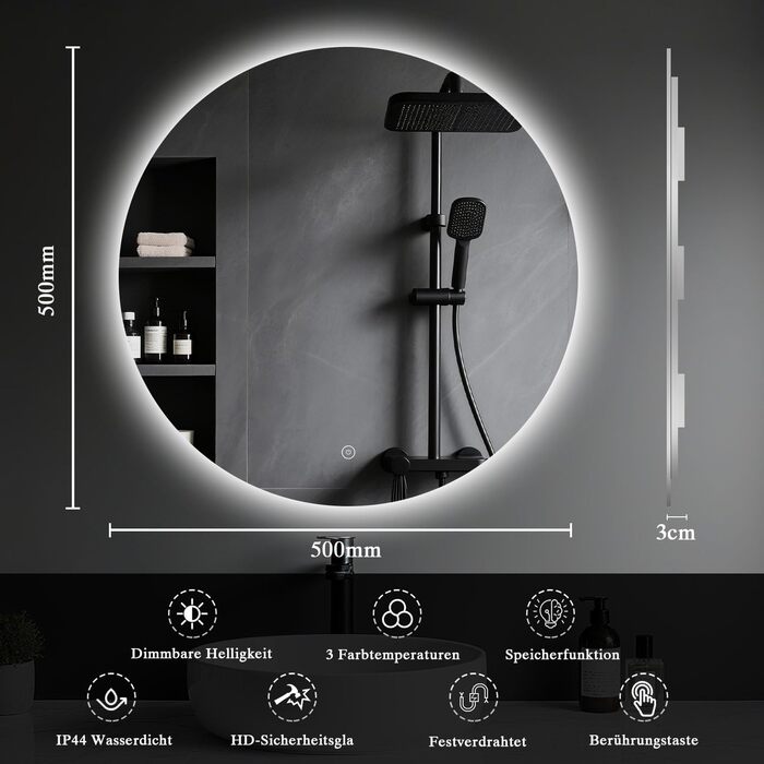 LED-дзеркало для ванної кімнати круглої форми 50 см з підсвічуванням, сенсорним вимикачем, регулюванням яскравості, 3 кольорами світла, функцією пам'яті, HD скло, захист від вибуху