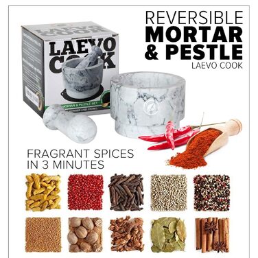 Набір ступки та пестика, мармур, 2.2 чашки – Набір ступки та пестика з мармуру, двосторонній, для приготування гуакамоле, з кришкою та ложкою