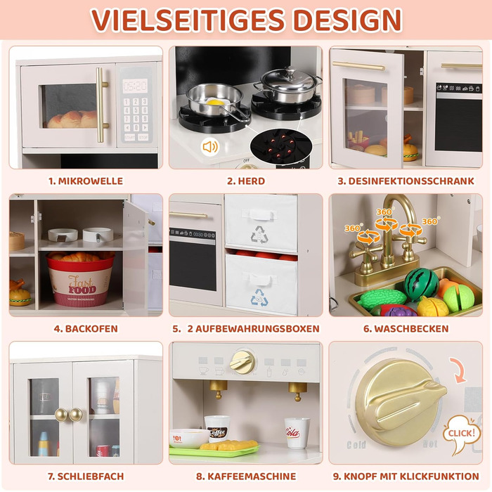 Дерев'яна дитяча кухня MAMIZO з підсвіткою та звуком, 90x30x90 см. Комплект з аксесуарами та 2 ящиками для зберігання. Іграшка для дітей від 3 років, бежевого кольору