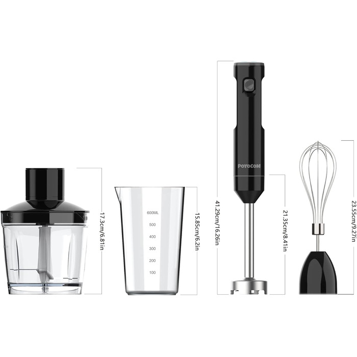 Бездротовий занурювальний блендер POYOCOM з акумулятором, TYP-C кабель, контейнер 500 мл, 600 мл, насадка вінчик, для смузі, дитячого харчування та супів – Чорний