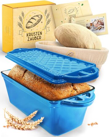 Емальована форма для випікання хліба з кришкою та кошиком для підйому тіста - міцна 28см форма з чавуну - ідеальна для тостів, хліба, випікання в чавунному горщику, аксесуари для випікання, броттоп (Блакитний, Квіткова форма)