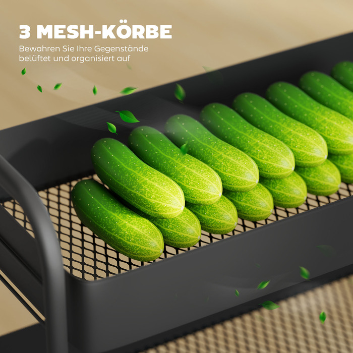 Візок для кухні, 3 кошики, 4 колеса, металевий, чорний