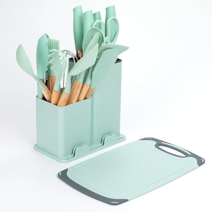 Набір кухонних ножів EliteHoff 19 предметів: 5 ножів, 12 аксесуарів, дошка та підставка – з дерев'яними ручками, безпечний, можна мити в посудомийній машині, чорний (E-6074)