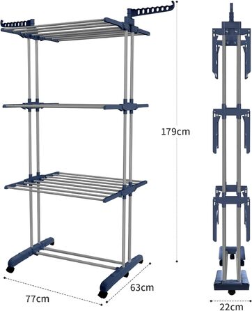 Сушильна стійка Allyson - складна, стійка до погодних умов, колеса, економія місця, внутрішня/зовнішня, темно-синя
