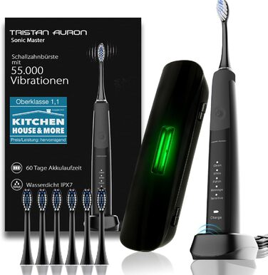 Електрична зубна щітка Tristan Auron SonicMaster, 55 000 вібрацій, 5 режимів, 60 днів акумулятора, UV-стерилізатор, 6 насадок, чорна