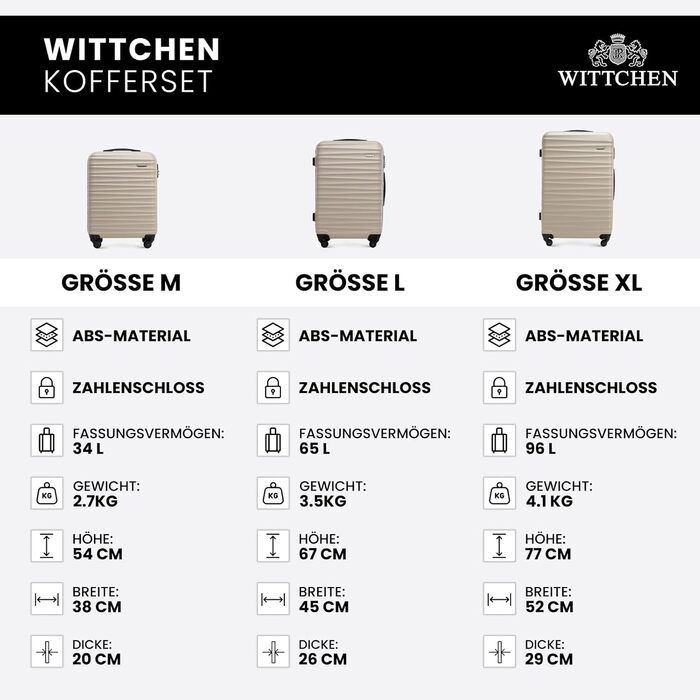 Набір валізWITTCHEN 3в1: велика, середня, маленька. Жорсткий корпус ABS, 4 колеса, кодовий замок. Підходить для Lufthansa, Eurowings, Ryanair, Condor. Бежевий колір.
