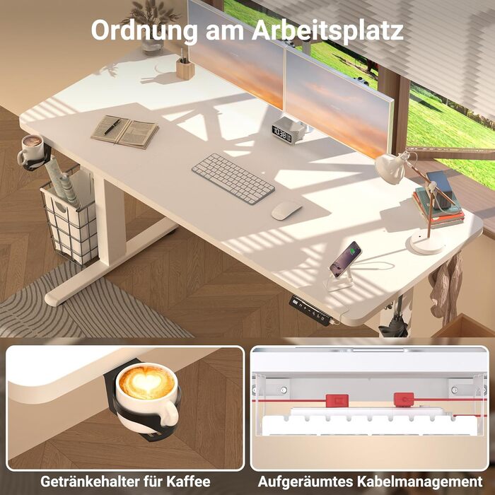 Регульований стіл з USB-C зарядкою 140 x 60 см, пам'ять, електричний, стабільний, стоп-стіл, регульований комп'ютерний стіл (білий, 140 x 60 см)