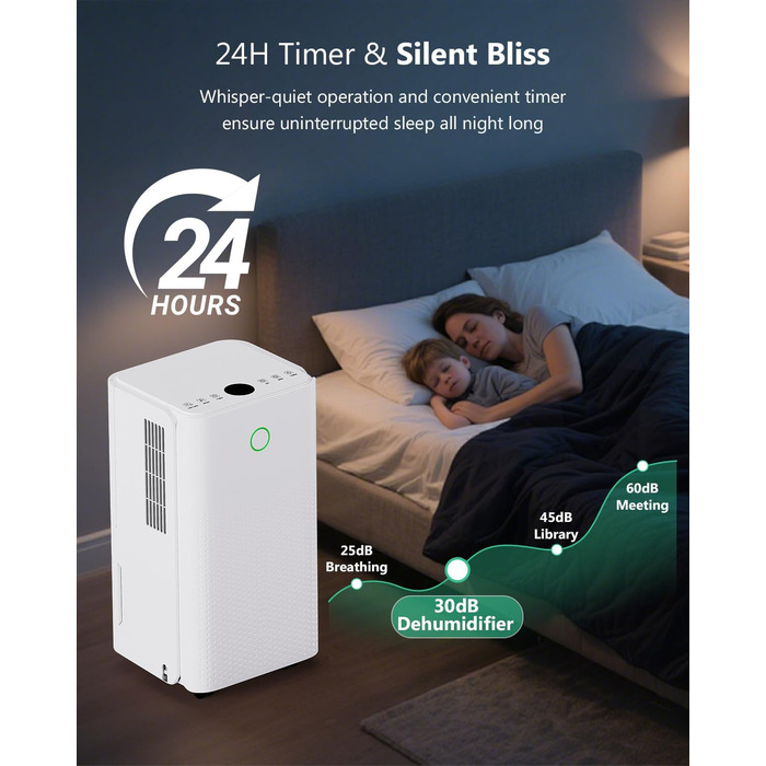 Електричний осушувач повітря 12л/день, тихий осушувач для дому, квартири, підвалу з 3 режимами, таймером 24г, автоматичною відтайкою та енергозбереженням