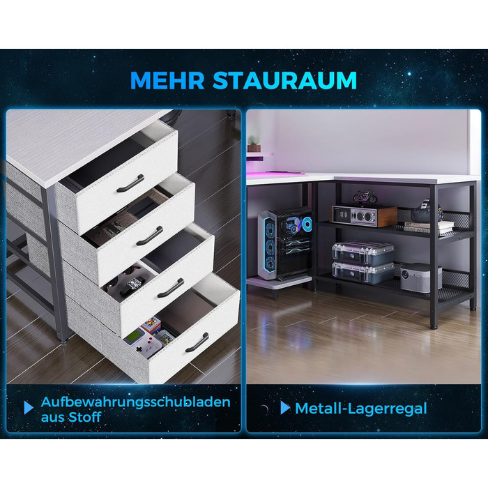 Кутовий стіл ODK з 4 шухлядами, місцем для зберігання, 2 розетками та 2 USB-портами для зарядки, з підсвічуванням LED та підставкою для монітора, 167×102 см, білий