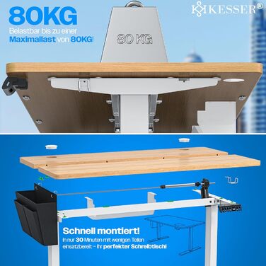 Електричний регульований стіл KESSER® 100x60 см | Ергономічний стіл для стоячи/сидячи | Пам'ять 3-х положень | З роликами 360° та USB-портом | Стіл для дому/офісу