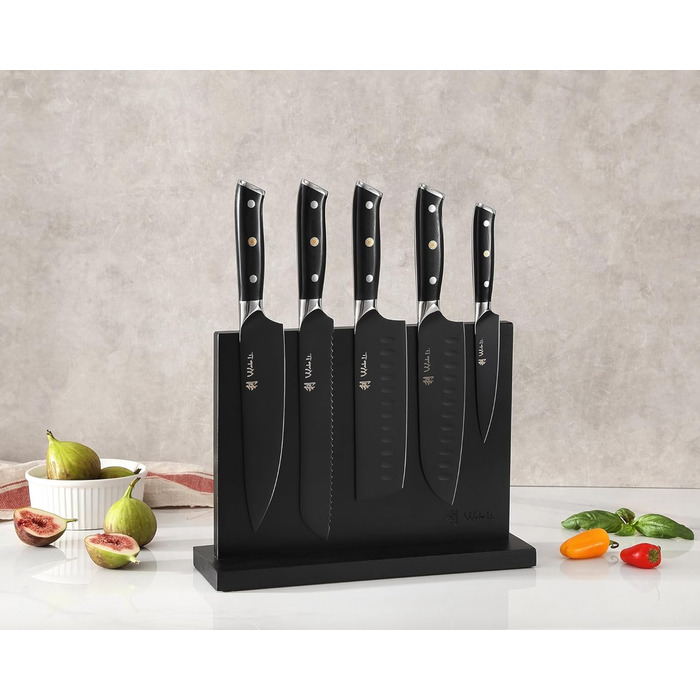 Набір кухонних ножів Wakoli Titanium Noir (5 предметів) з бруском - професійний набір кухонних ножів з титанового покриття, нержавіюча сталь, чорний колір, магнітний бруск