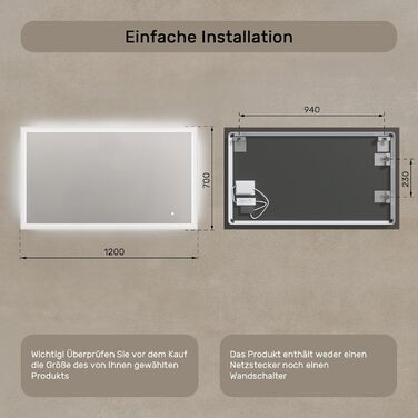 Дзеркало для ванної кімнати з підсвічуванням FORAM - LED дзеркало 120x70 см - Без рамки - Сучасний дизайн - Індивідуальне замовлення