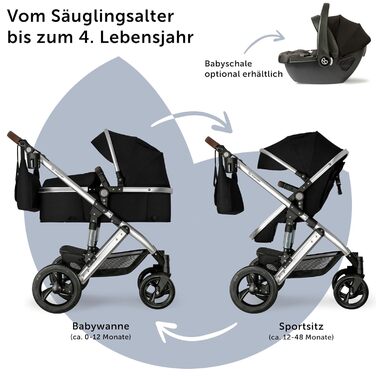 Дитяча коляска Bergsteiger Nizza 3 в 1, комплект: автокрісло, люлька, прогулянковий блок (чорний/срібний)