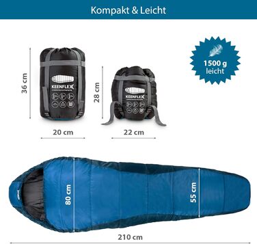 Спальний мішок KeenFlex 3-4 сезони, від +7.2°C до -23.4°C, 1500г/2150г, для літа й зими, для туризму, машинне прання