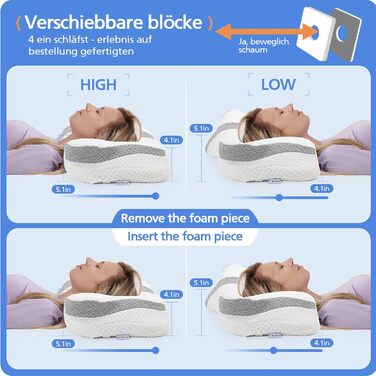 Подушка з піни з ефектом пам'яті, ортопедична подушка для підтримки шиї, подушка для сну на боці (57x38 см, білий і сірий)