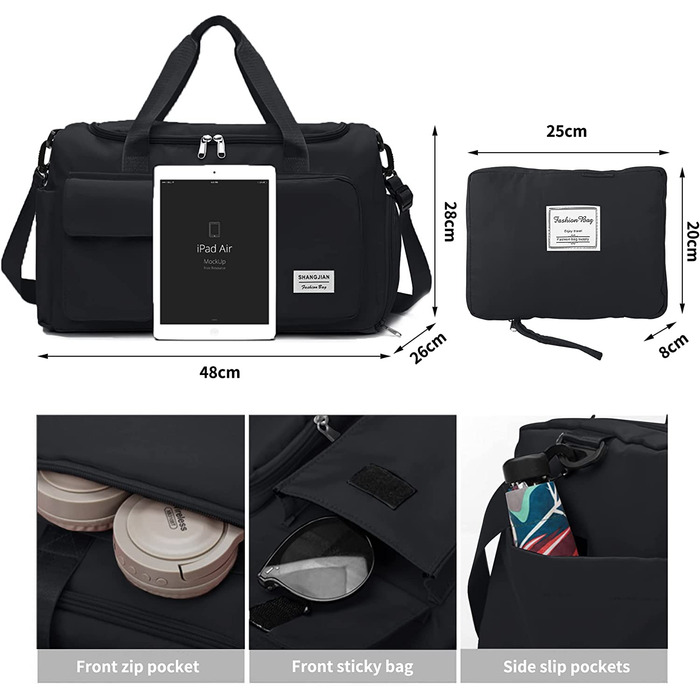 Дорожня сумка Aedcbaide, складна спортивна сумка для взуття, легка спортивна сумка, водонепроникна жіноча і чоловіча нічна сумка на вихідні, сумка для сухого і вологого білизни для занять спортом (чорний )