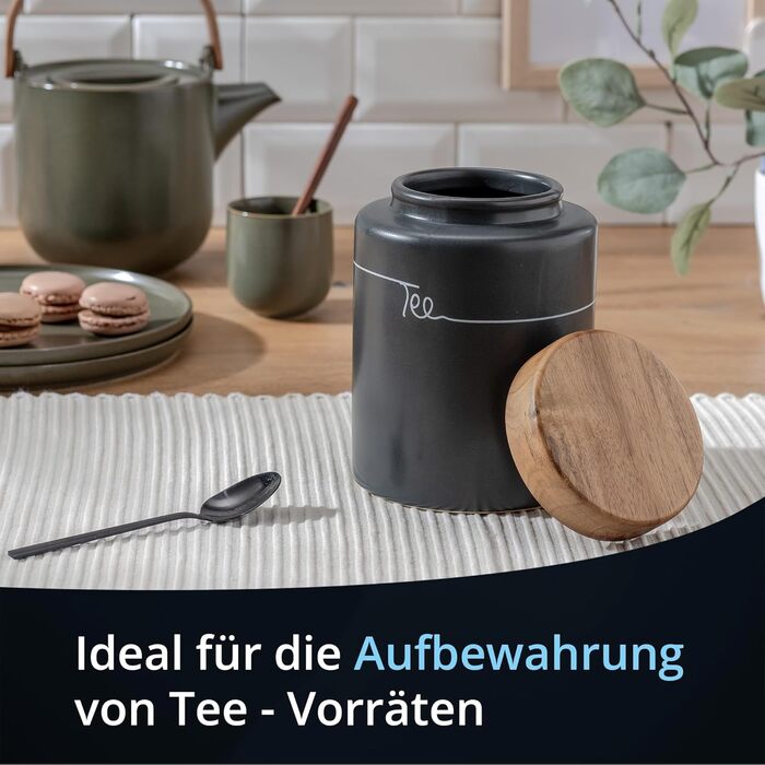 Контейнер для зберігання KHG, кераміка, сірий антрацит з дерев'яним кришкою, 4 кг, круглий, з маркуванням, набір, висота 28 см