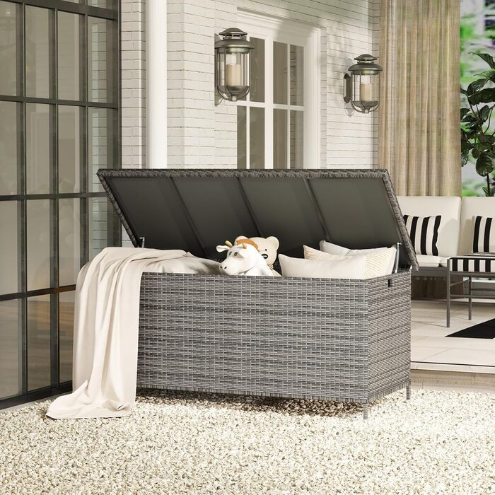 Скриня для подушок садових Polyrattan Amopatio 480л, водонепроникна, з роликами та газліфтом, сіра