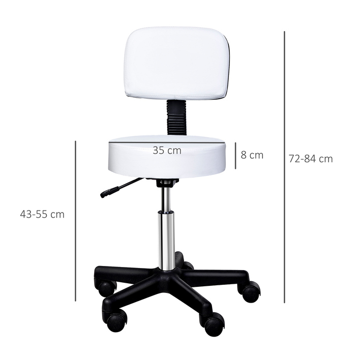 Поворотний табурет HOMCOM Work Stool регульований по висоті зі спинкою для офісу, білий Φ35 x H72-84 см