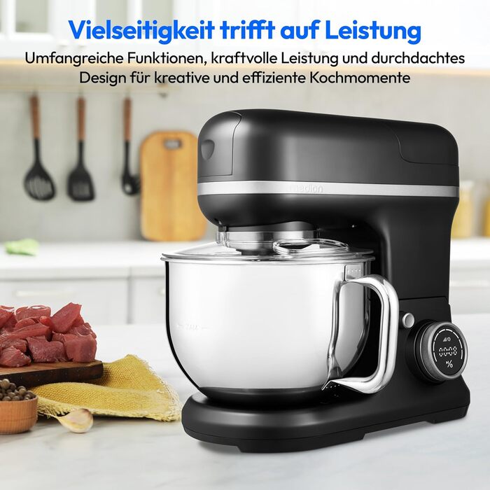 Кухонна машина MEDION MD18430: 3 в 1 (міксер, м'ясорубка, кухонний комбайн), 5 л чаша з нержавіючої сталі, 1200 Вт, цифровий дисплей, чорний