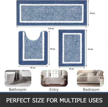 М'який килимок для ванної кімнати Pauwer, комплект з 3 шт., мікрофібра, вбираючий, антиковзаючий, синій (45x65 + 45x120 + 50x60 см)