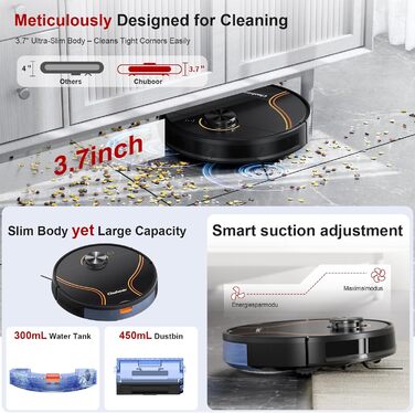 Робот-пилосос Chuboor з функцією миття 3 в 1, 6500Pa, LiDAR навігація, керування через додаток/WiFi/Alexa, автозарядка, 150 хв роботи, для шерсті тварин, килимів та твердих підлог, чорний